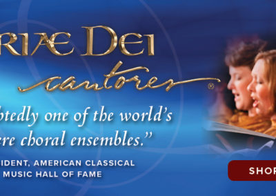ad with gold text 'Gloriae Dei Cantores', white text 'is undoubtdly one the the world's premiere choral ensembles. - President, American Classical Music Hall of Fame' with red rectangle vector with white text 'shop music!' on background image of Gloriae Dei Singers with swirly blue color overlay