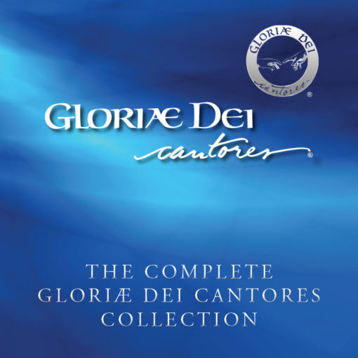 image of silver Gloriae Dei Cantores text and circle logo with silver text 'the complete Gloriae Dei Cantores collection' on white and blue variegated background