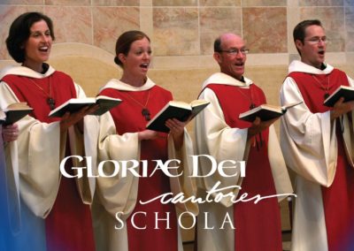 image of white text 'Gloriae Dei Cantores Schola' on photo of schola singing in the Church of the Transfiguration with a blue border