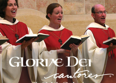 image of white text 'Gloriae Dei Cantores Schola' on photo of schola singing in the Church of the Transfiguration